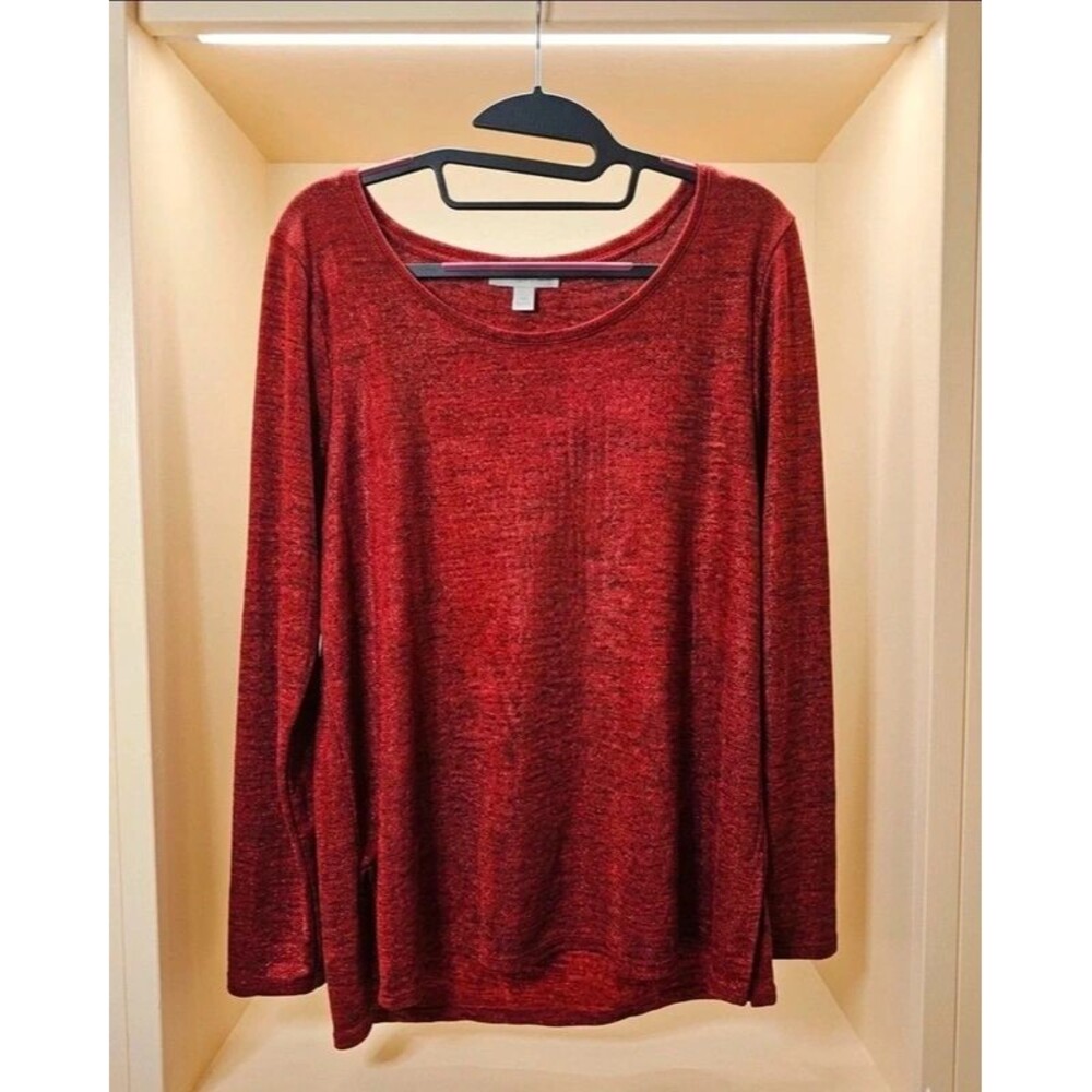 Westport Metallic Red Shimmer Long Sleeve Knit Top Sweater – Medium